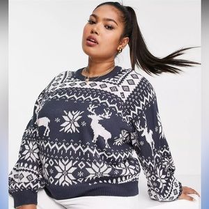 Threadbare Plus Christmas reindeer fairisle sweater in navy
